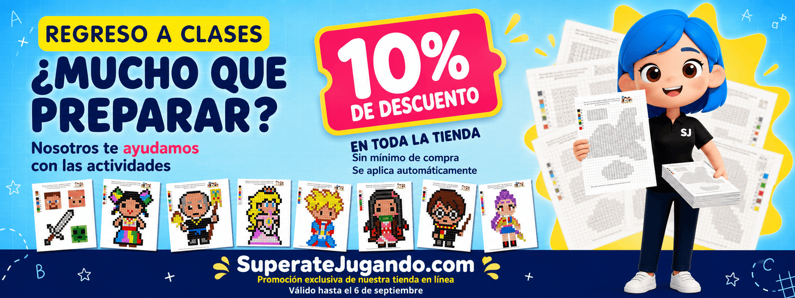 Promoción de regreso a clases con 10 por ciento de descuento en la tienda en línea de SúperateJugando