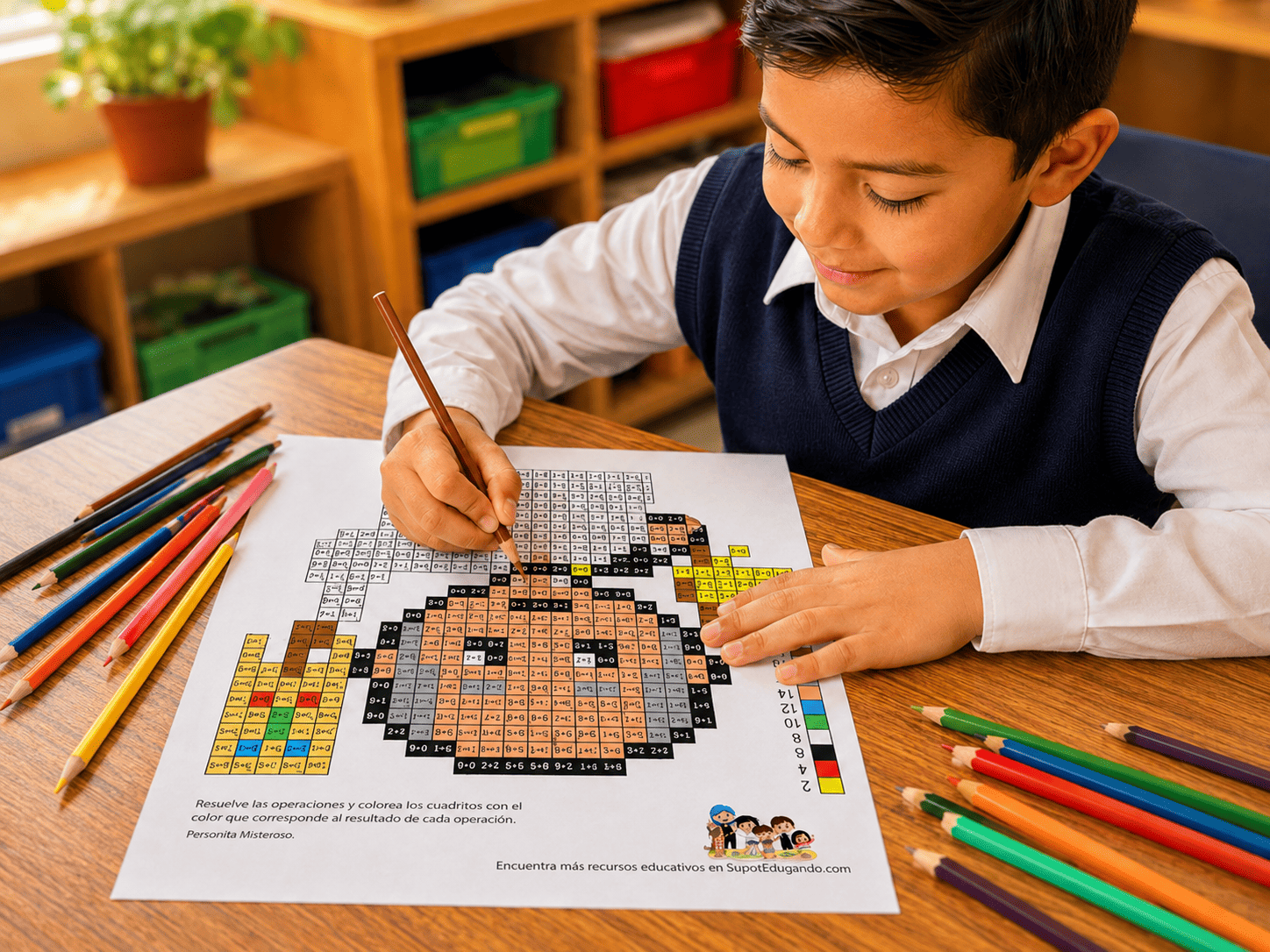 Niño resolviendo Pixeles de la Independencia de México con sumas y restas