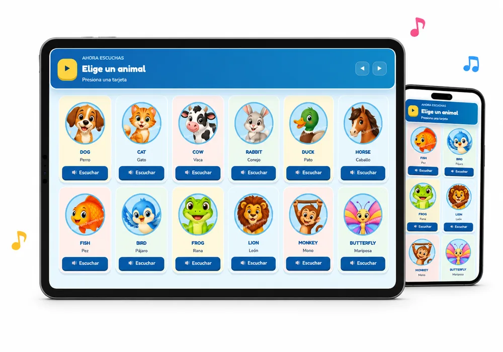 Playlist de pronunciación de la Lotería de Animales en Inglés en tablet y celular