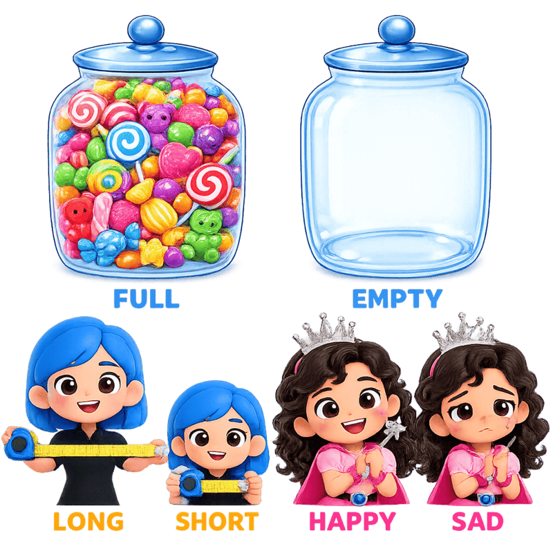Adjetivos en inglés para niños representados mediante pares opuestos
