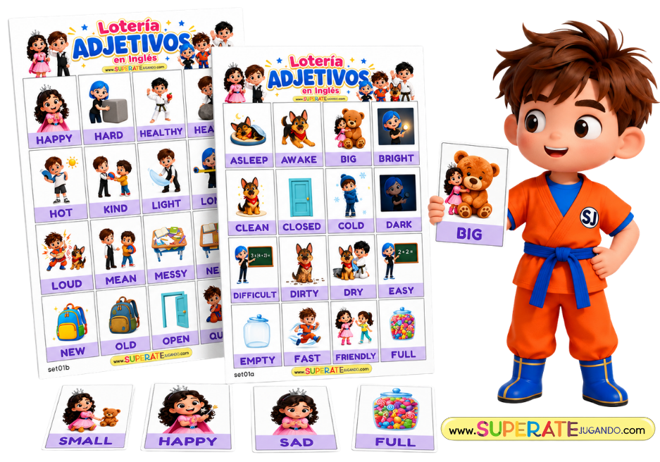 Lotería de adjetivos en inglés con tableros y cartas para imprimir