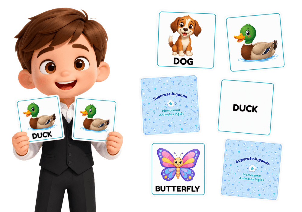 Memorama de animales en inglés con tarjetas de imagen y palabra