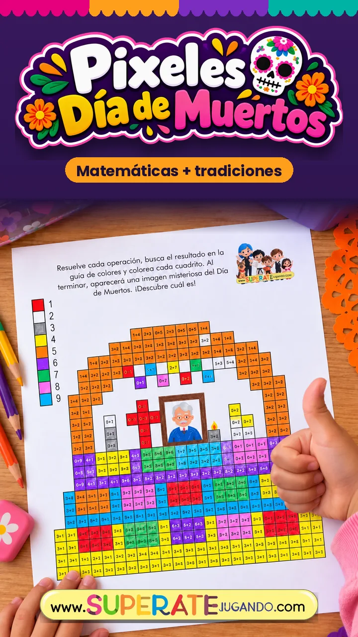 Pixeles Día de Muertos: hoja de matemáticas coloreada que revela una ofrenda