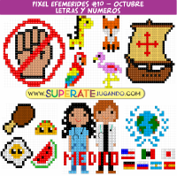 Pixeles de Efemérides de Octubre con actividades de letras, números y sílabas para preescolar y primeros grados.