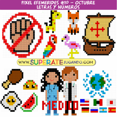 Pixeles de Efemérides de Octubre con actividades de letras, números y sílabas para preescolar y primeros grados.