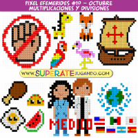 Pixeles de Efemérides de Octubre con actividades de multiplicaciones y divisiones para primaria.