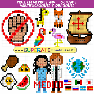 Pixeles de Efemérides de Octubre con actividades de multiplicaciones y divisiones para primaria.
