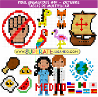 Pixeles de Efemérides de Octubre con actividades de tablas de multiplicar para primaria.