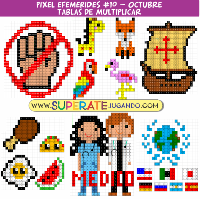 Pixeles de Efemérides de Octubre con actividades de tablas de multiplicar para primaria.
