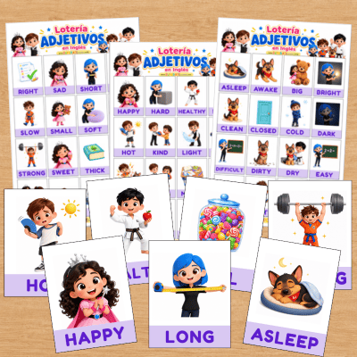 Tableros y cartas de la Lotería de Adjetivos en Inglés para imprimir
