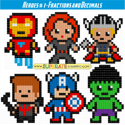 Pixel Super Heroes 1 - Avengers - Fractions and Decimals