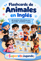 Portada de las Flashcards de Animales en Inglés con personajes de SuperateJugando y tarjetas ilustradas